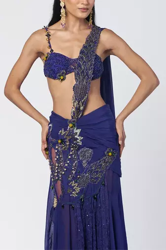 Blue embroidered organza and net drape saree set