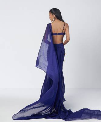 Blue embroidered organza and net drape saree set 5