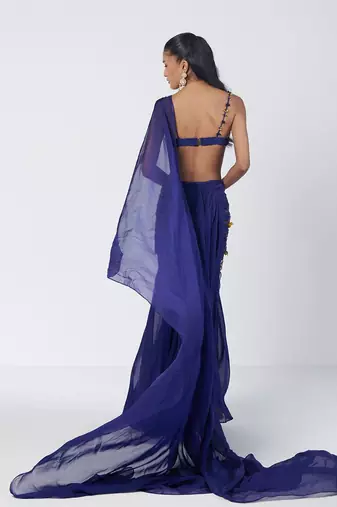 Blue embroidered organza and net drape saree set
