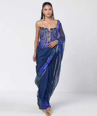 Blue embroidered cotton jacquard and organza corset saree set 1