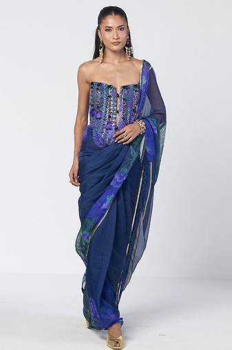 Blue embroidered cotton jacquard and organza corset saree set
