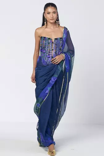 Blue embroidered cotton jacquard and organza corset saree set