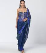 Blue embroidered cotton jacquard and organza corset saree set