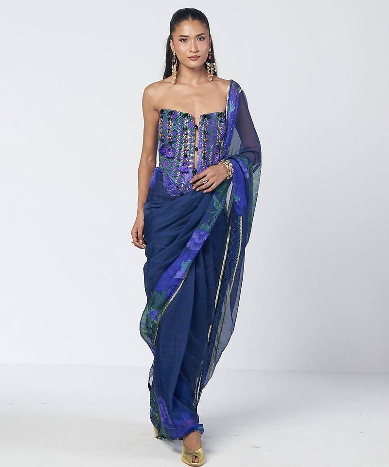 Blue embroidered cotton jacquard and organza corset saree set
