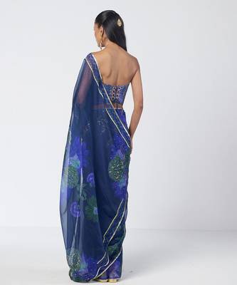 Blue embroidered cotton jacquard and organza corset saree set 2