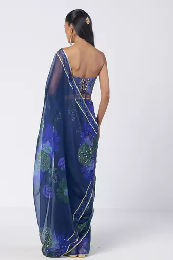 Blue embroidered cotton jacquard and organza corset saree set