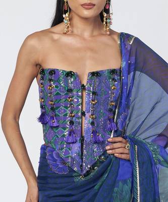 Blue embroidered cotton jacquard and organza corset saree set 3