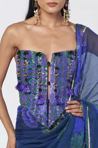 Blue embroidered cotton jacquard and organza corset saree set