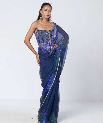 Blue embroidered cotton jacquard and organza corset saree set 4