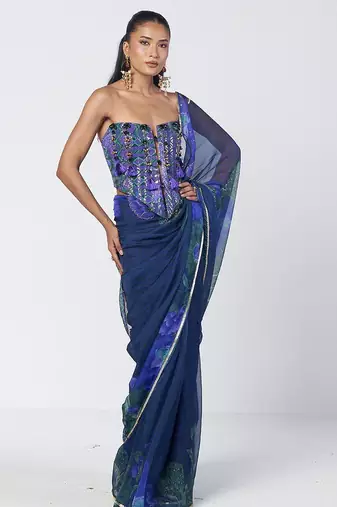 Blue embroidered cotton jacquard and organza corset saree set