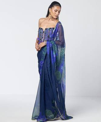Blue embroidered cotton jacquard and organza corset saree set 5