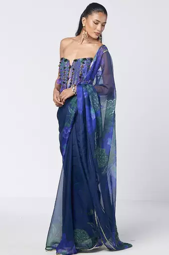 Blue embroidered cotton jacquard and organza corset saree set