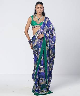 Blue green embroidered georgette jacquard and silk chanderi saree set 1