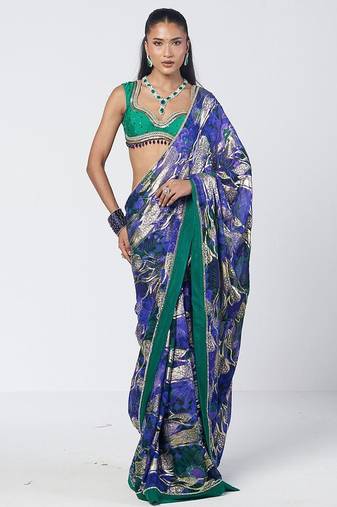 Blue green embroidered georgette jacquard and silk chanderi saree set