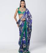 Blue green embroidered georgette jacquard and silk chanderi saree set