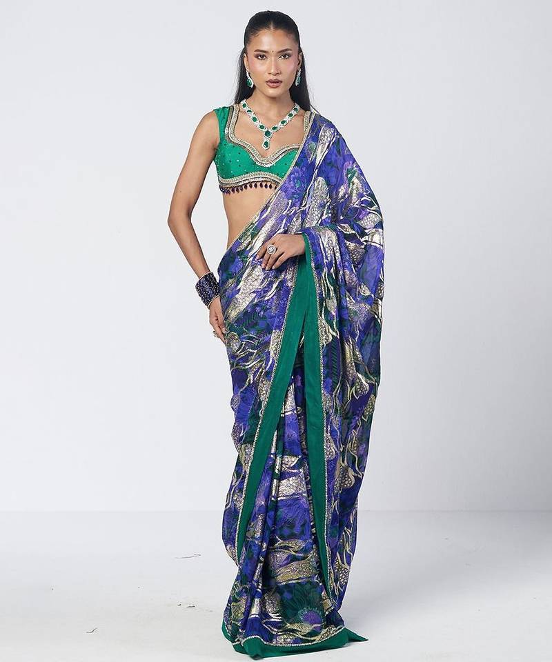 Blue green embroidered georgette jacquard and silk chanderi saree set
