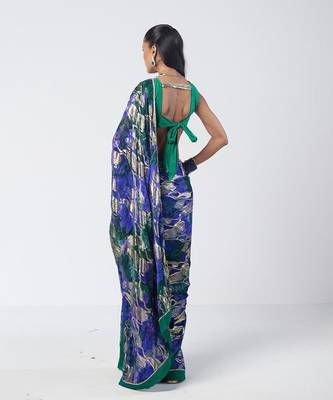 Blue green embroidered georgette jacquard and silk chanderi saree set 2