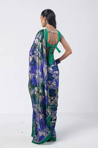 Blue green embroidered georgette jacquard and silk chanderi saree set