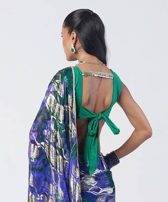 Blue green embroidered georgette jacquard and silk chanderi saree set 3