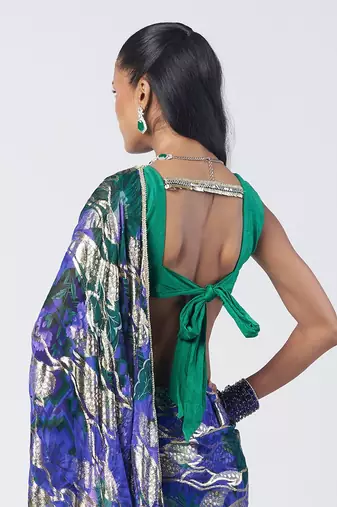 Blue green embroidered georgette jacquard and silk chanderi saree set