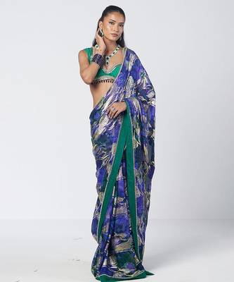 Blue green embroidered georgette jacquard and silk chanderi saree set 4