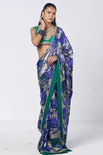 Blue green embroidered georgette jacquard and silk chanderi saree set
