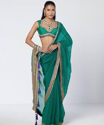 Teal green embroidered organza and silk chanderi saree set 1