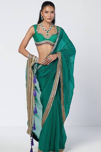 Teal green embroidered organza and silk chanderi saree set