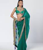 Teal green embroidered organza and silk chanderi saree set
