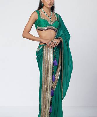Teal green embroidered organza and silk chanderi saree set 2