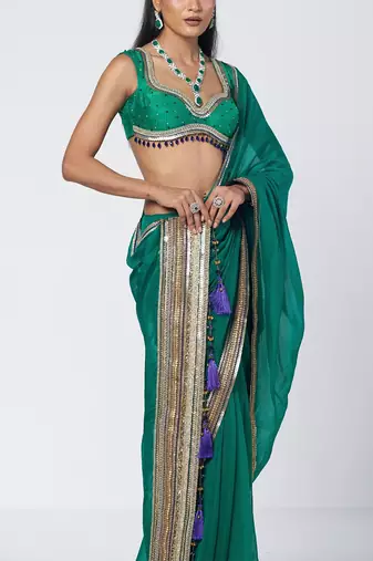 Teal green embroidered organza and silk chanderi saree set