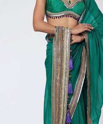 Teal green embroidered organza and silk chanderi saree set 3
