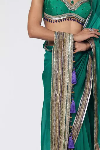 Teal green embroidered organza and silk chanderi saree set