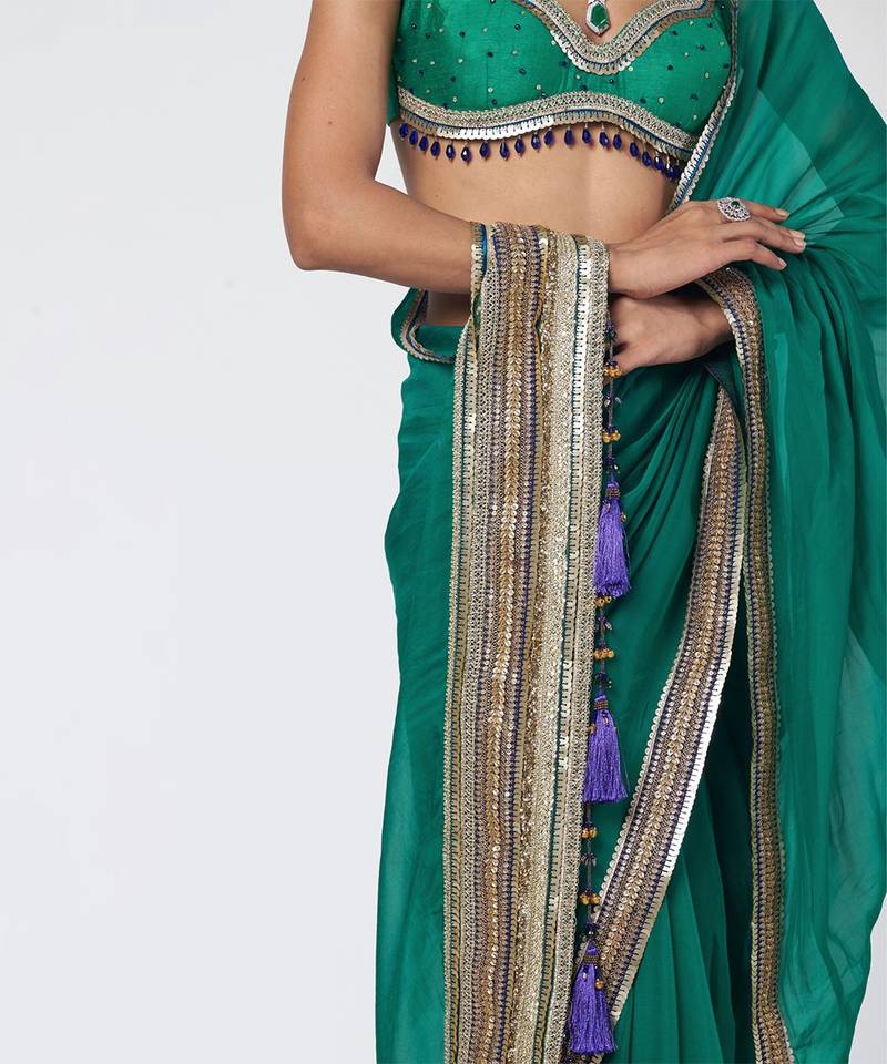 Teal green embroidered organza and silk chanderi saree set