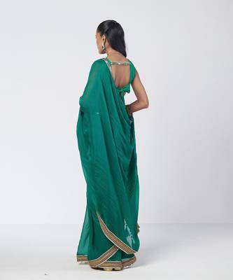 Teal green embroidered organza and silk chanderi saree set 4