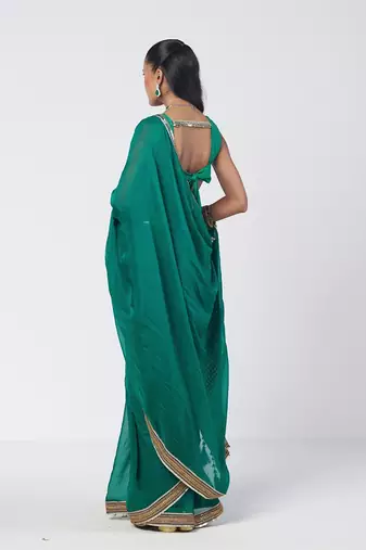 Teal green embroidered organza and silk chanderi saree set