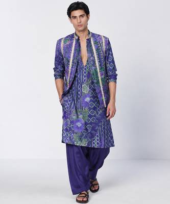 Blue printed crepe cotton jacquard and chanderi silk kurta jacket set 1