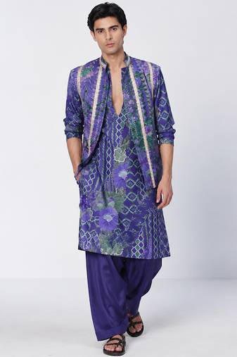 Blue printed crepe cotton jacquard and chanderi silk kurta jacket set