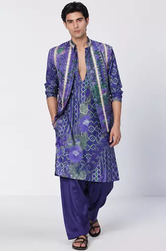 Blue printed crepe cotton jacquard and chanderi silk kurta jacket set