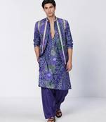 Blue printed crepe cotton jacquard and chanderi silk kurta jacket set