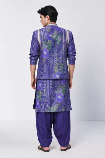 Blue printed crepe cotton jacquard and chanderi silk kurta jacket set