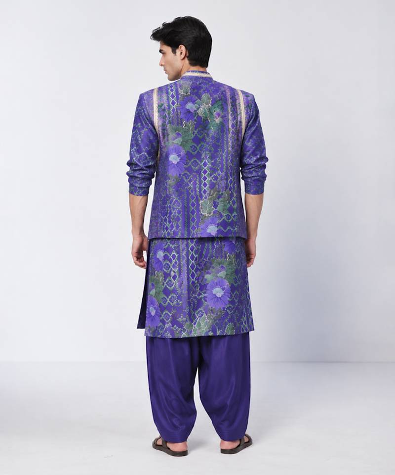 Blue printed crepe cotton jacquard and chanderi silk kurta jacket set