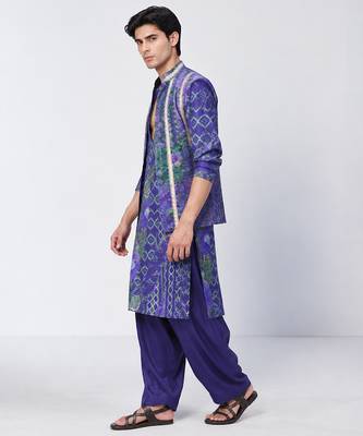Blue printed crepe cotton jacquard and chanderi silk kurta jacket set 3