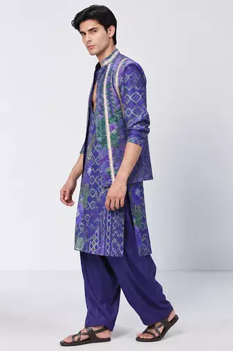 Blue printed crepe cotton jacquard and chanderi silk kurta jacket set