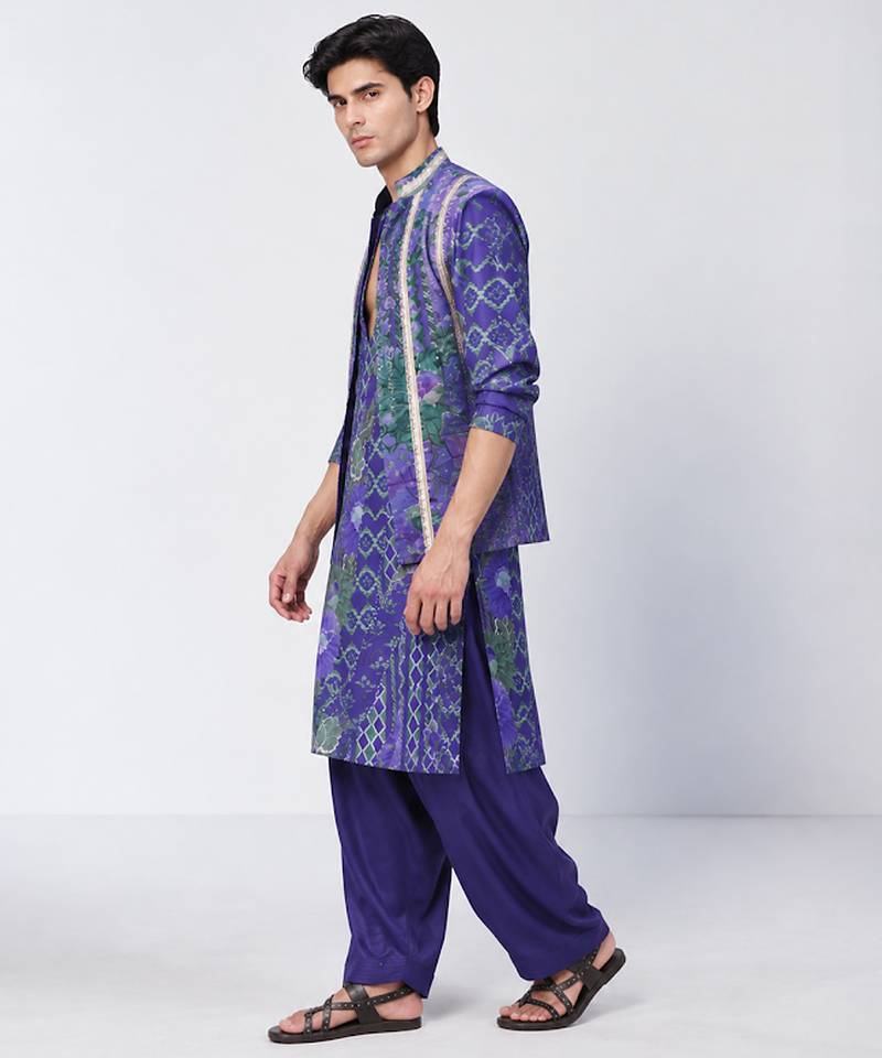 Blue printed crepe cotton jacquard and chanderi silk kurta jacket set
