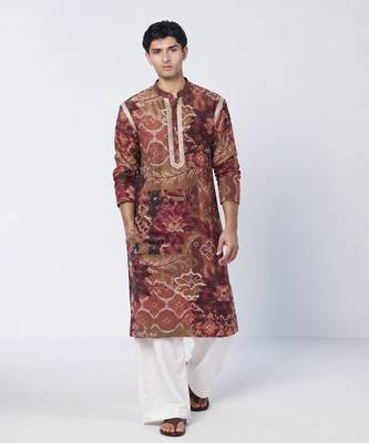 Mocha brown printed crepe and chanderi silk kurta pant set 1