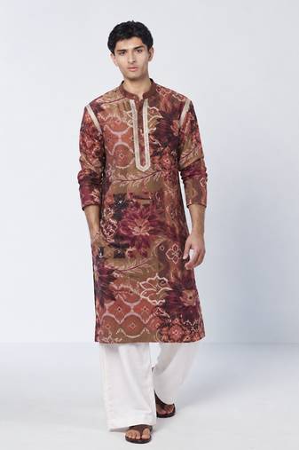 Mocha brown printed crepe and chanderi silk kurta pant set