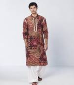 Mocha brown printed crepe and chanderi silk kurta pant set