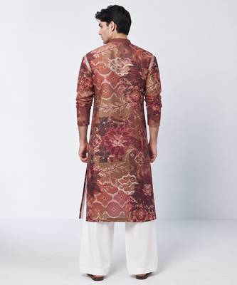 Mocha brown printed crepe and chanderi silk kurta pant set 2
