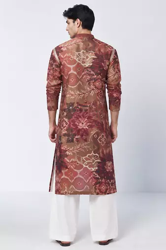 Mocha brown printed crepe and chanderi silk kurta pant set